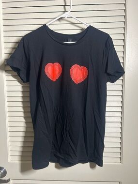 Miranda Morris Valentines Black Tee with Red Heart Appliqués